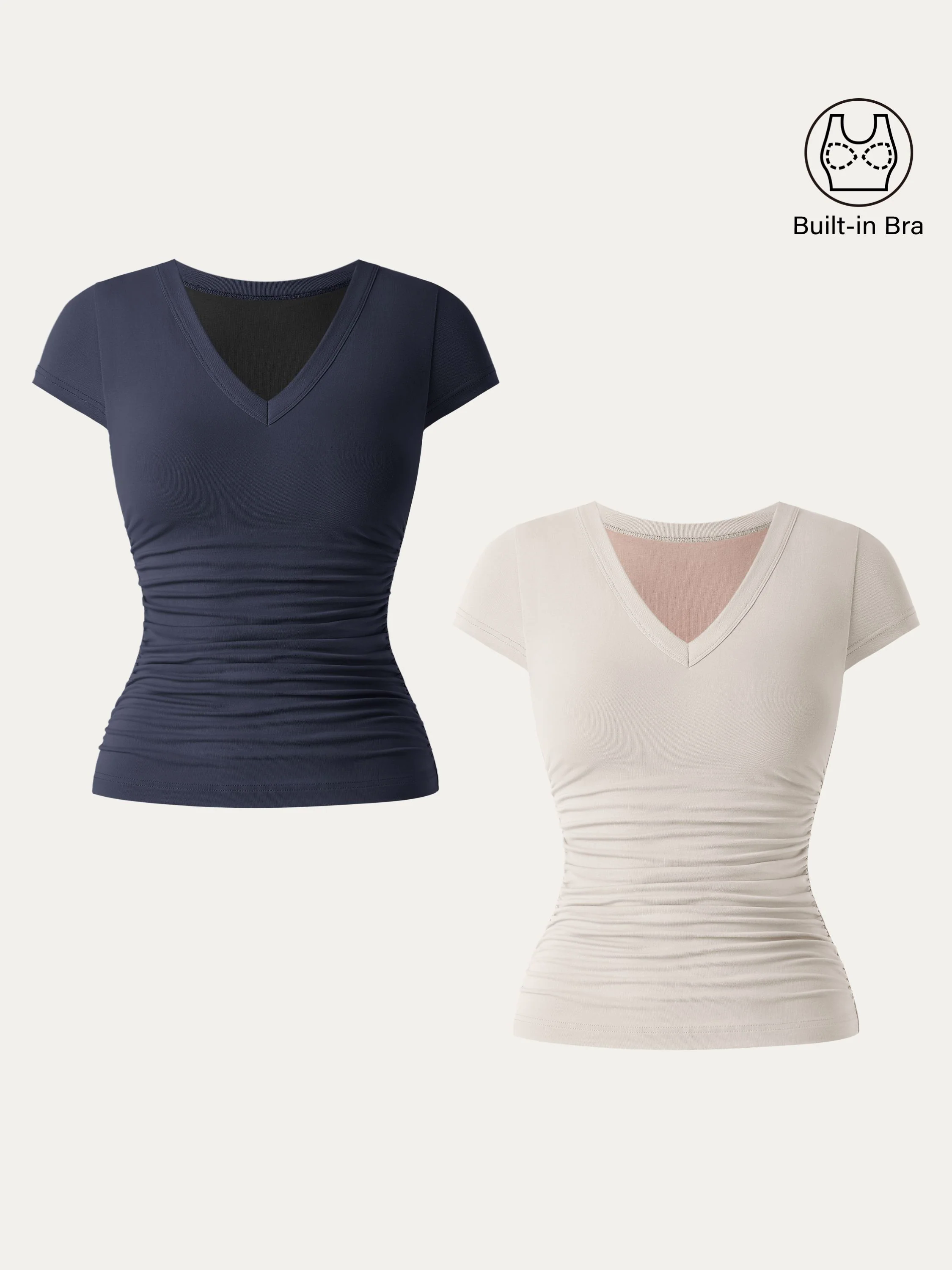 2Pcs Set Elevated V-neck Side Ruched Cap Sleeve Brami Tee 2Pcs Set Elevated V-neck Side Ruched Cap Sleeve Brami Tee