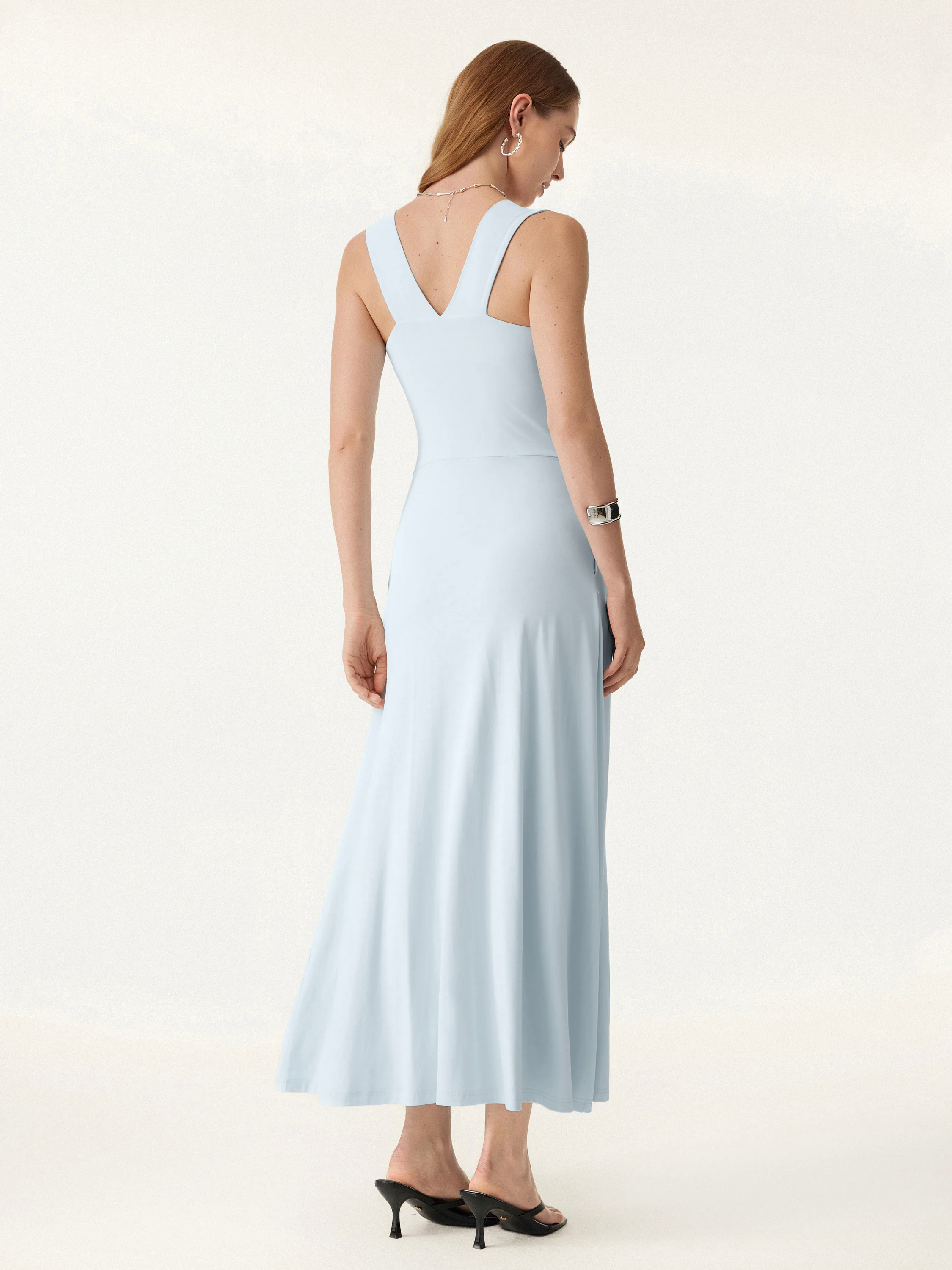 Flowy Square Neck Wide Straps Midi Brami Dress with Pockets