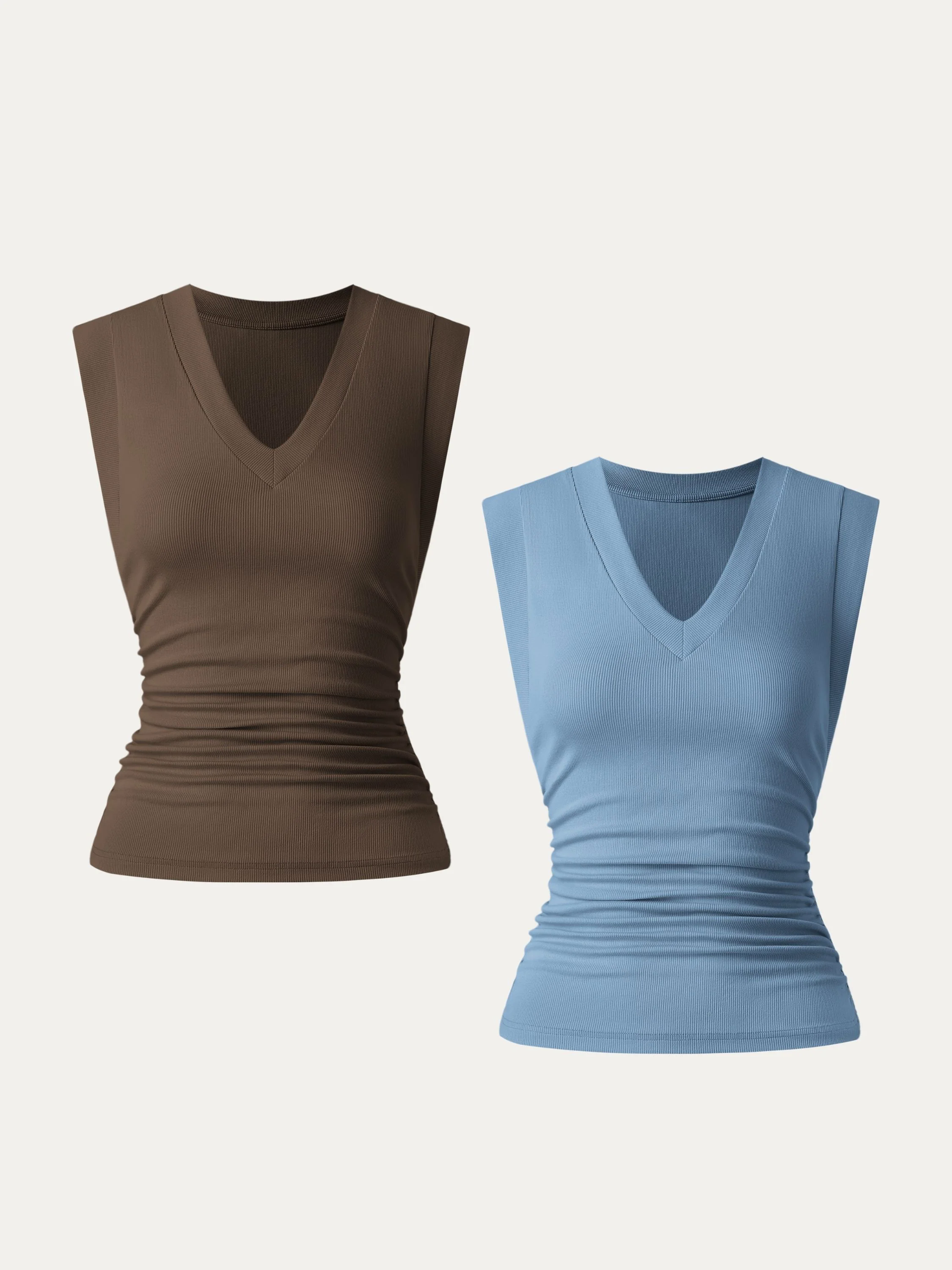 2Pcs Set Stretch Cotton V-neck Side Ruched Muscle Tee