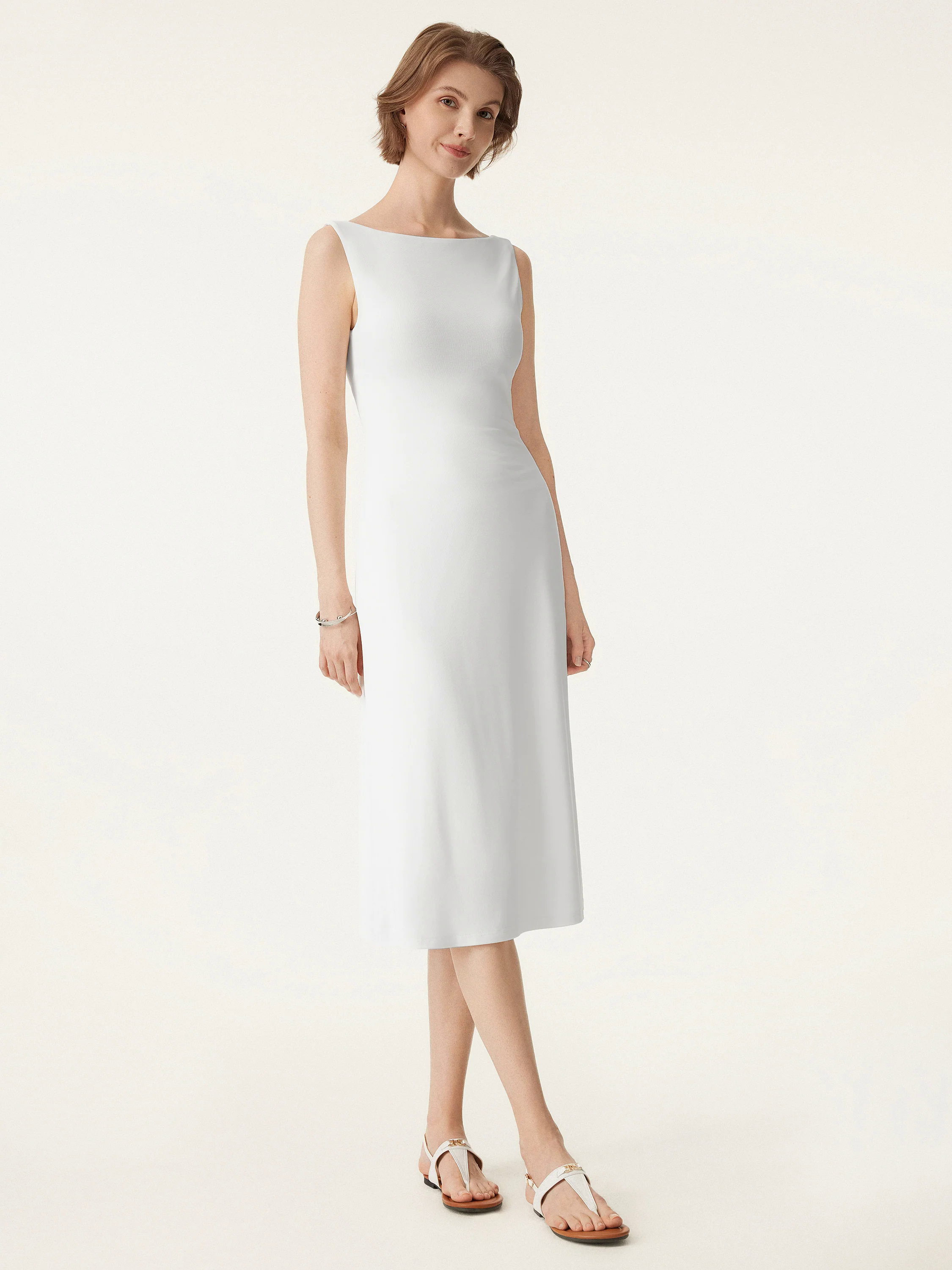 Classy Boatneck Open Back Bandless Midi Brami Dress Classy Boatneck Open Back Bandless Midi Brami Dress