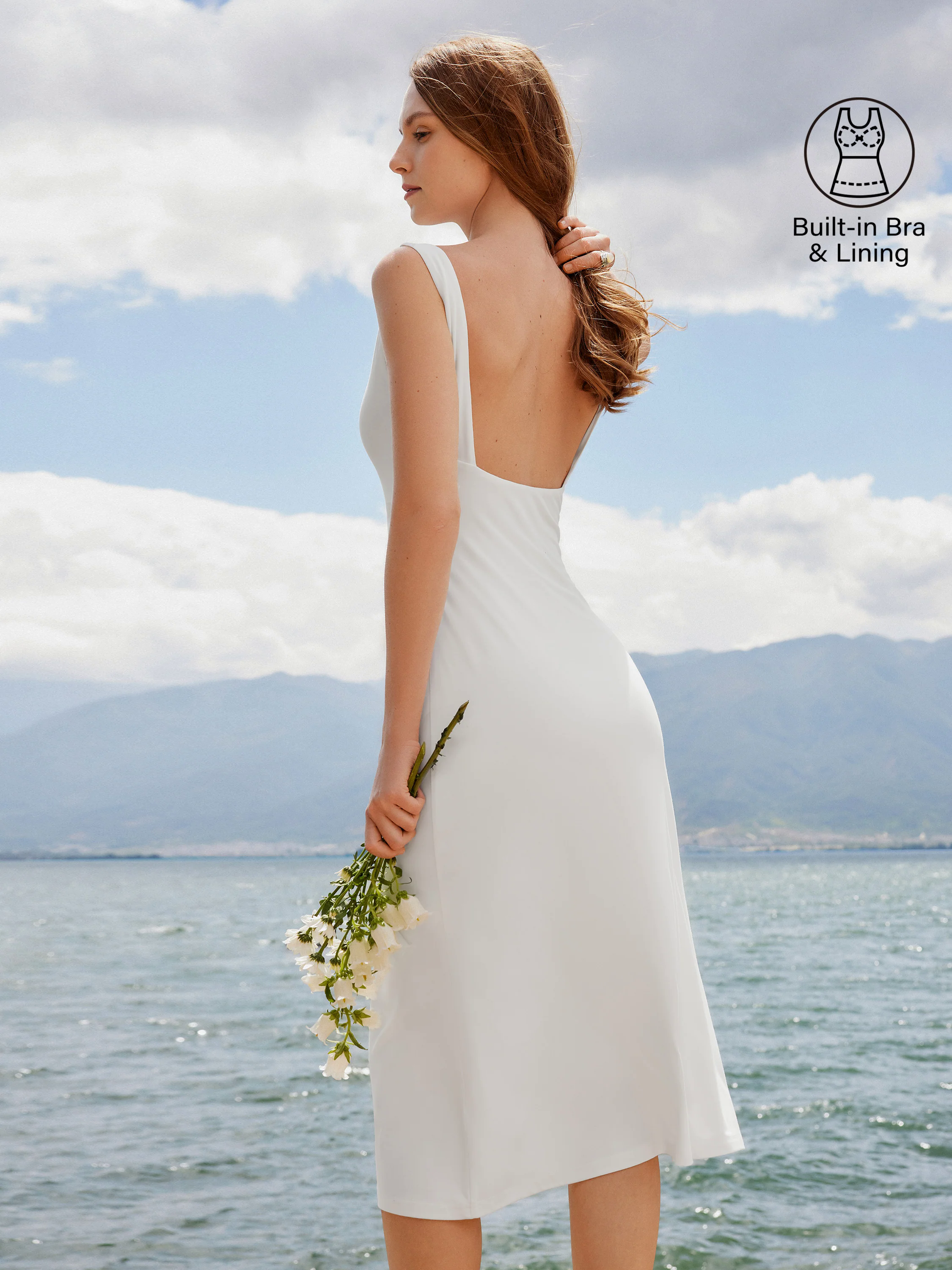 Classy Boatneck Open Back Bandless Midi Brami Dress Classy Boatneck Open Back Bandless Midi Brami Dress
