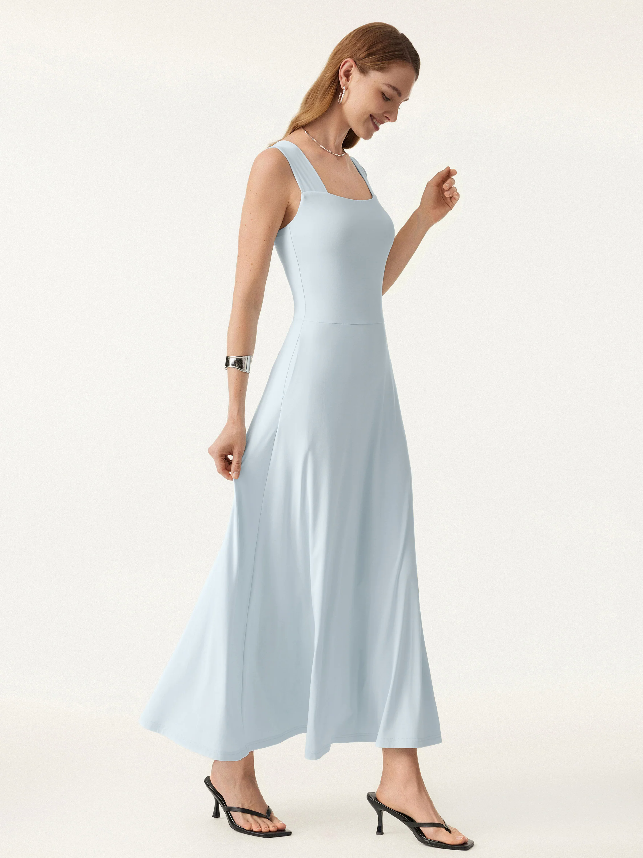 Flowy Square Neck Wide Straps Midi Brami Dress with Pockets