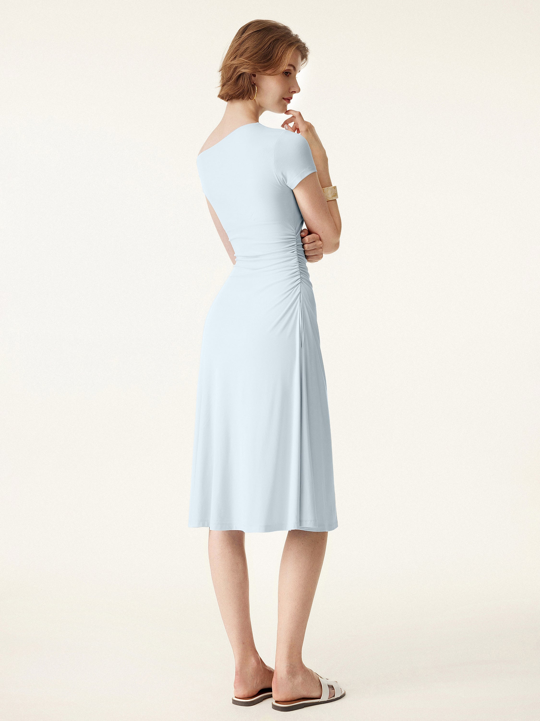 Asymmetrical Shoulder Side Ruched Midi Brami Dress