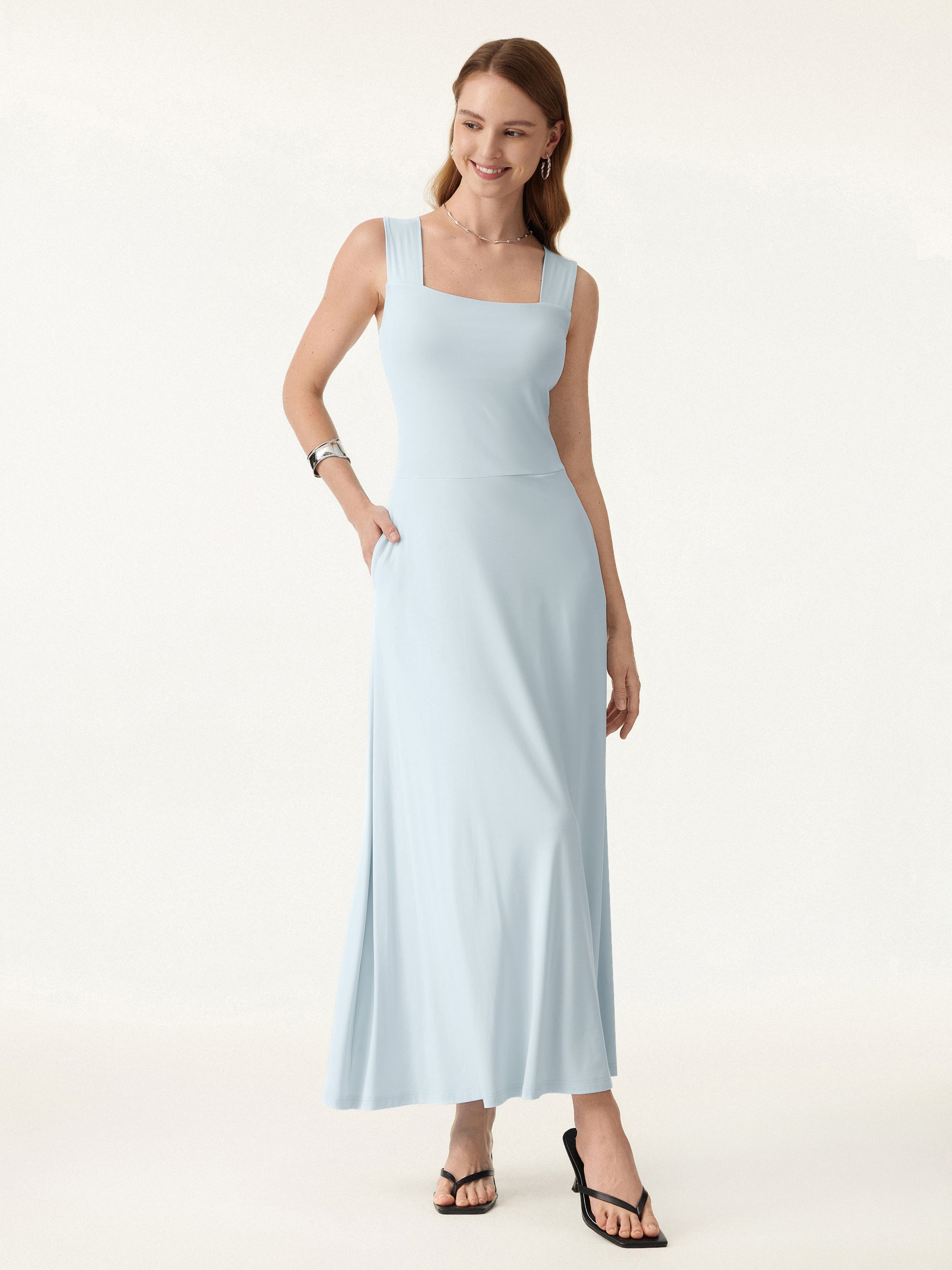Flowy Square Neck Wide Straps Midi Brami Dress with Pockets Flowy Square Neck Wide Straps Midi Brami Dress with Pockets