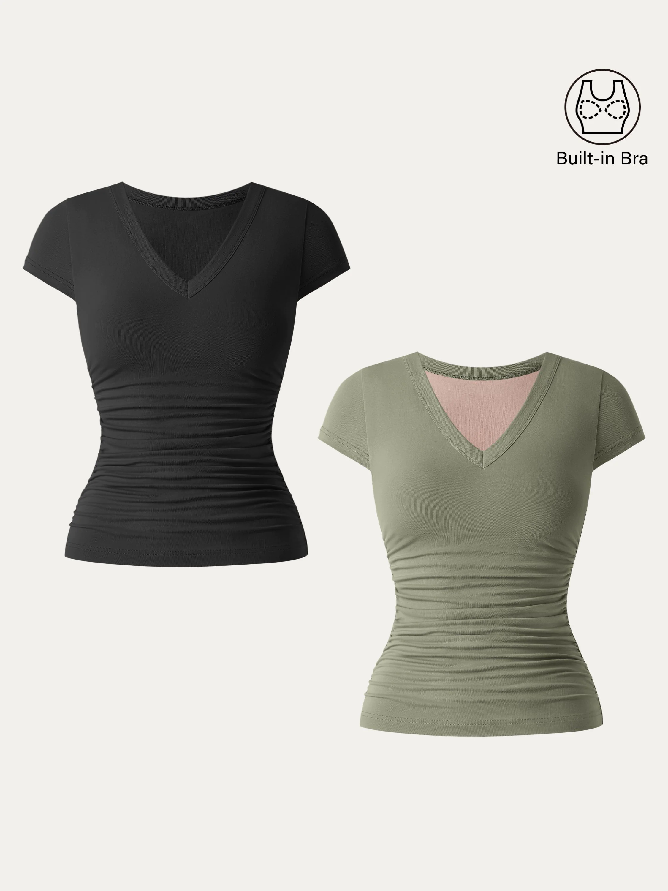 2Pcs Set Elevated V-neck Side Ruched Cap Sleeve Brami Tee 2Pcs Set Elevated V-neck Side Ruched Cap Sleeve Brami Tee