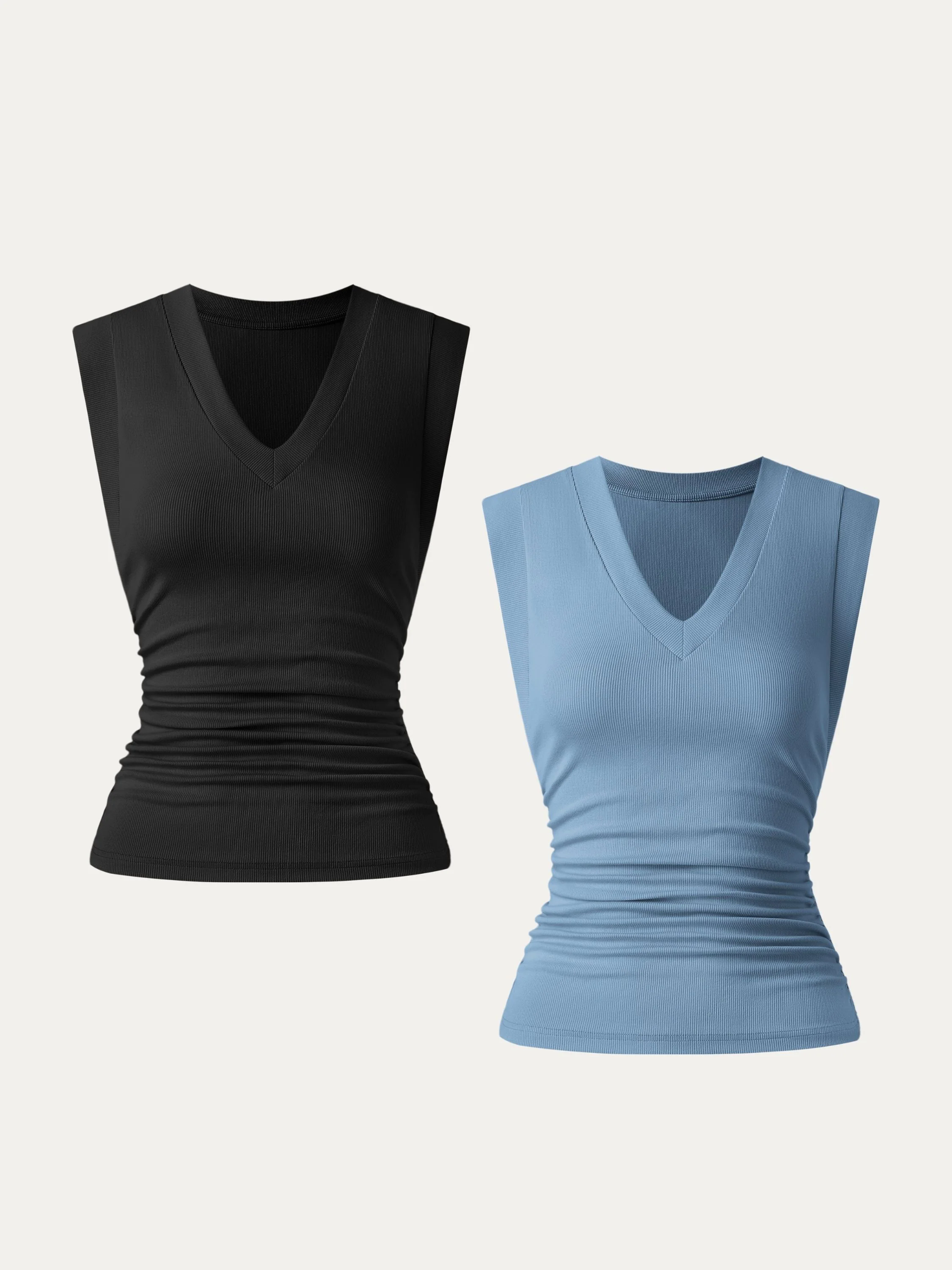 2Pcs Set Stretch Cotton V-neck Side Ruched Muscle Tee