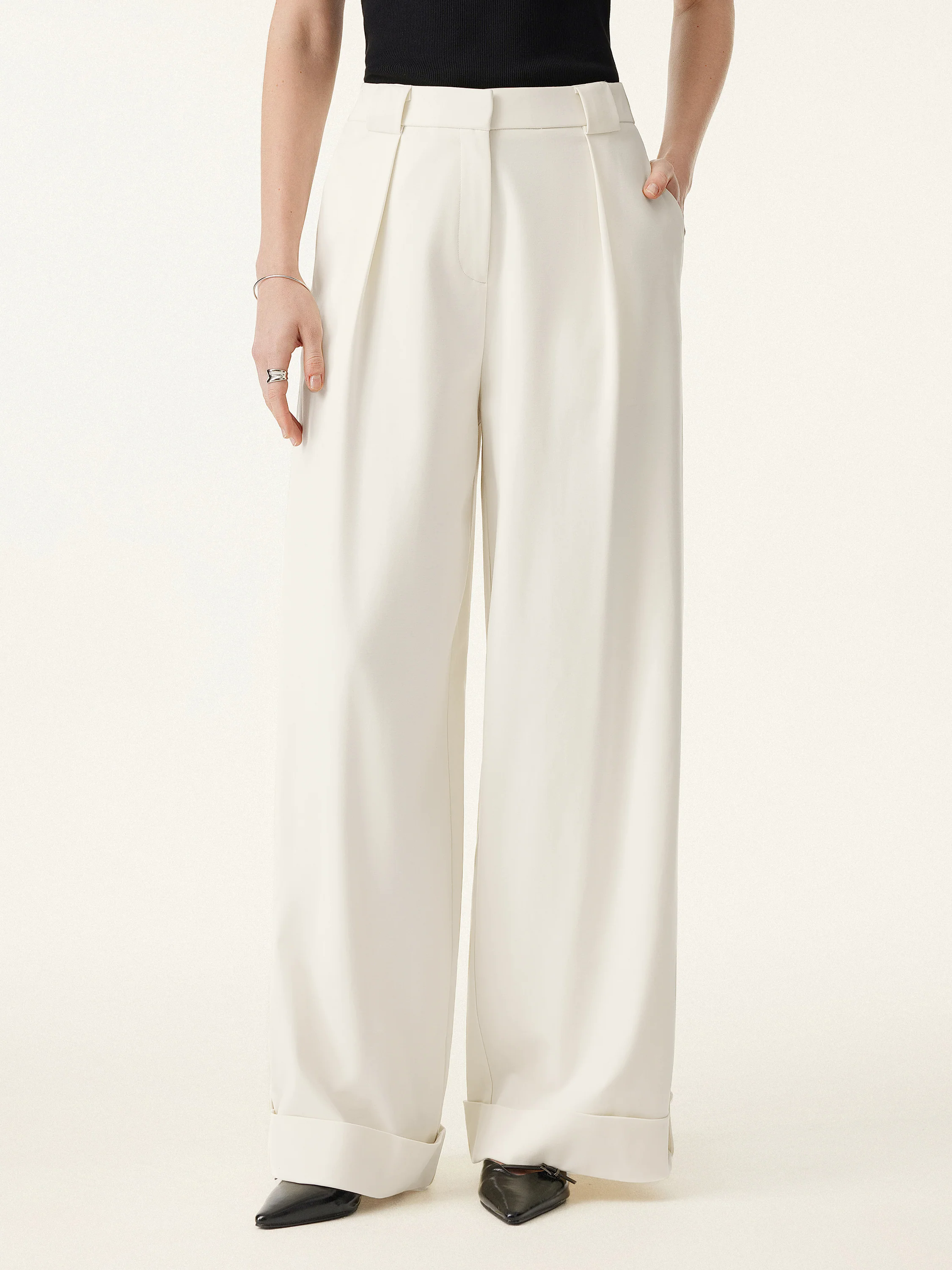 Bamboo Ponte Mid Rise Wide Leg Trouser with Fold-up Hem