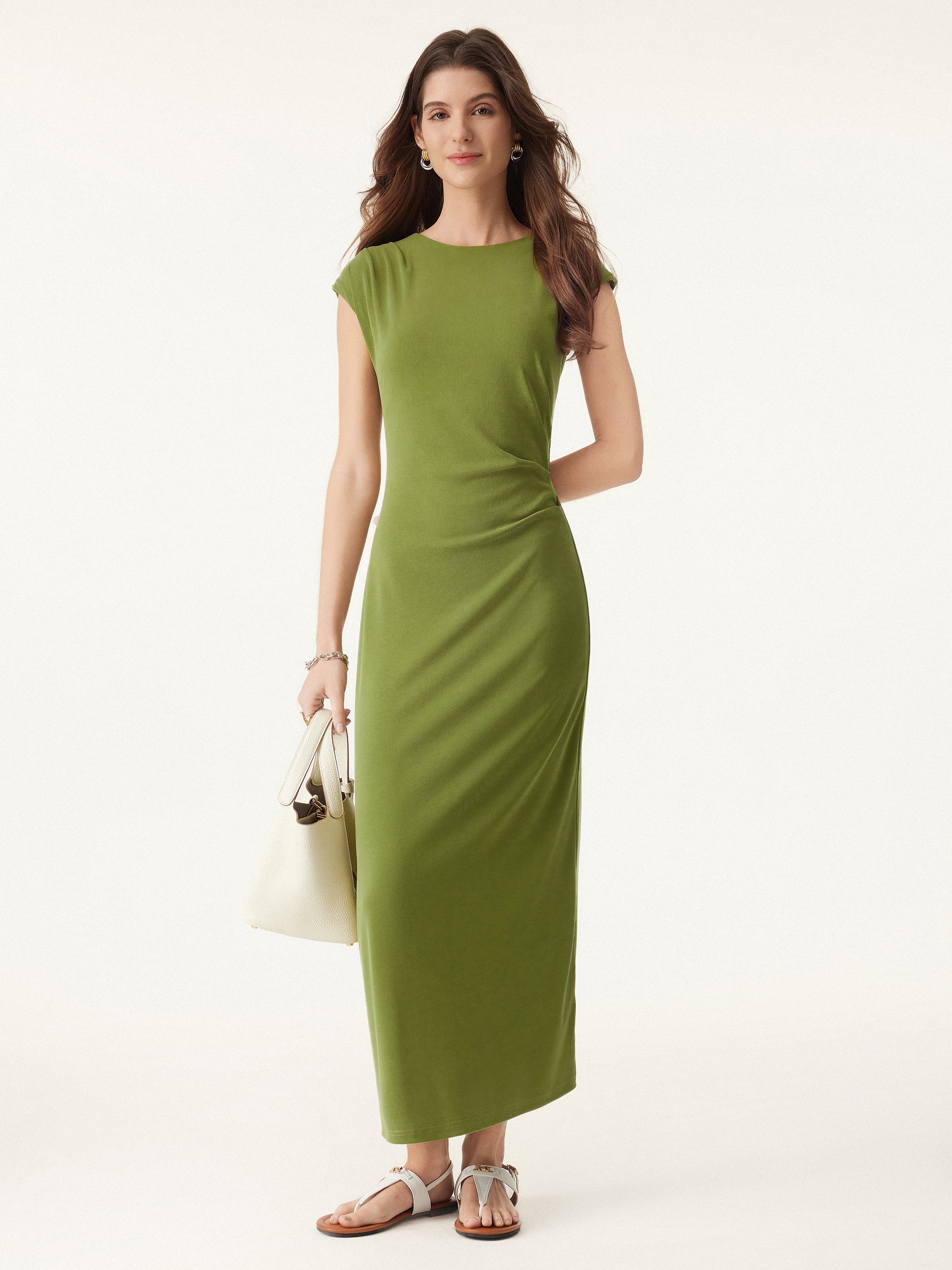 Flowy Sandwashed Crewneck Cap Sleeve Ruched Flared Maxi Brami Dress Flowy Sandwashed Crewneck Cap Sleeve Ruched Flared Maxi Brami Dress