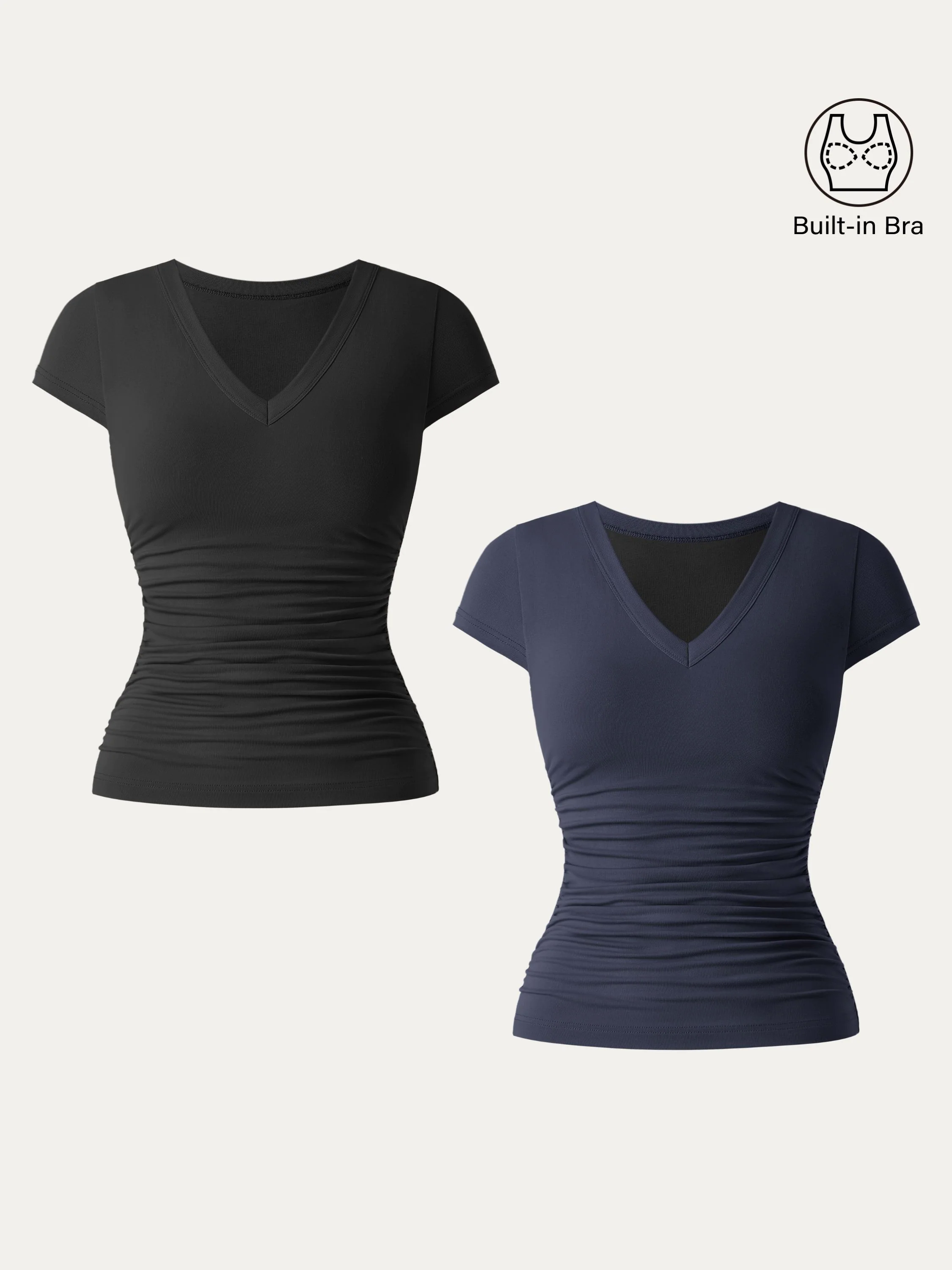 2Pcs Set Elevated V-neck Side Ruched Cap Sleeve Brami Tee 2Pcs Set Elevated V-neck Side Ruched Cap Sleeve Brami Tee