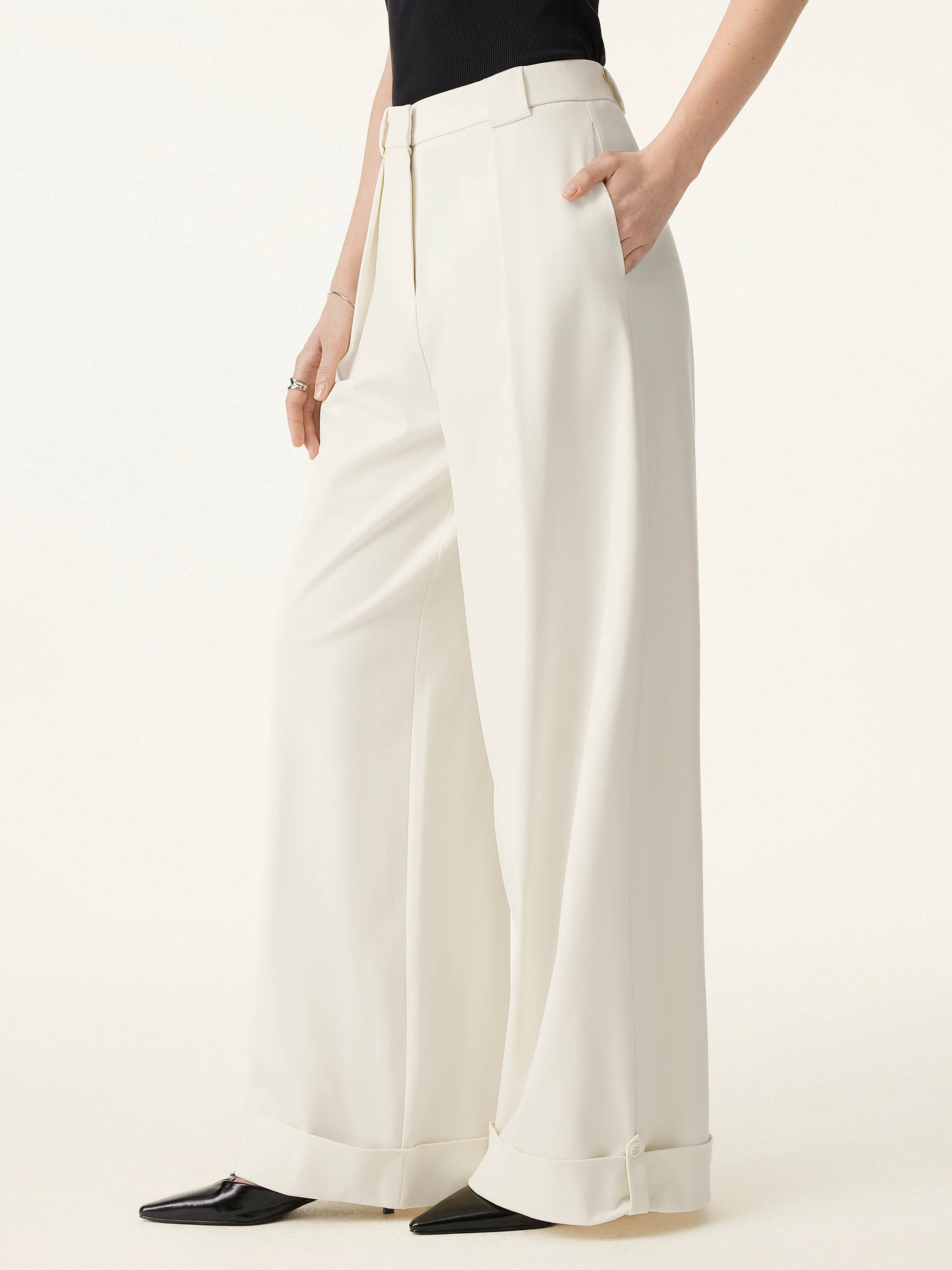 Bamboo Ponte Mid Rise Wide Leg Trouser with Fold-up Hem
