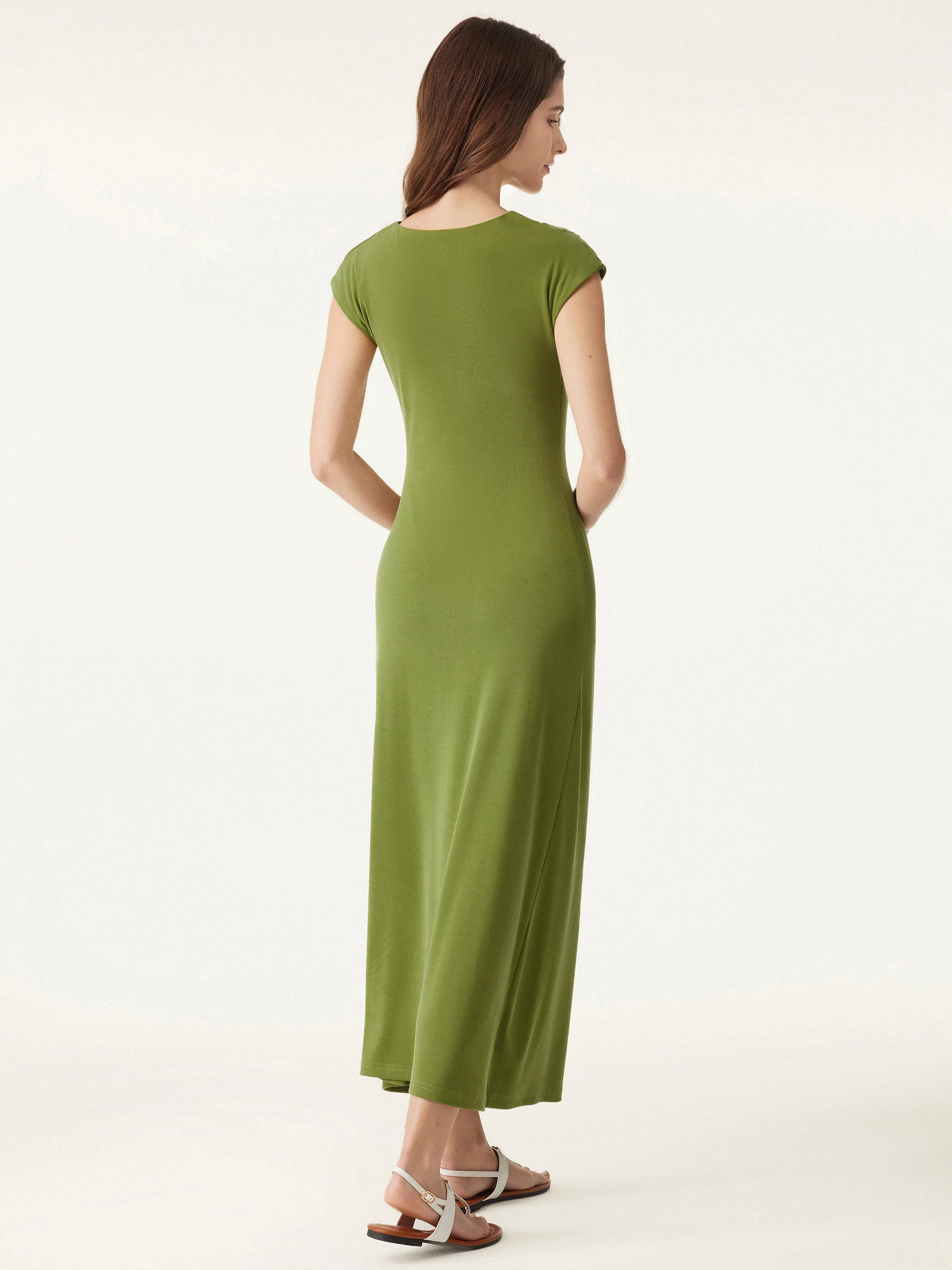 Flowy Sandwashed Crewneck Cap Sleeve Ruched Flared Maxi Brami Dress Flowy Sandwashed Crewneck Cap Sleeve Ruched Flared Maxi Brami Dress