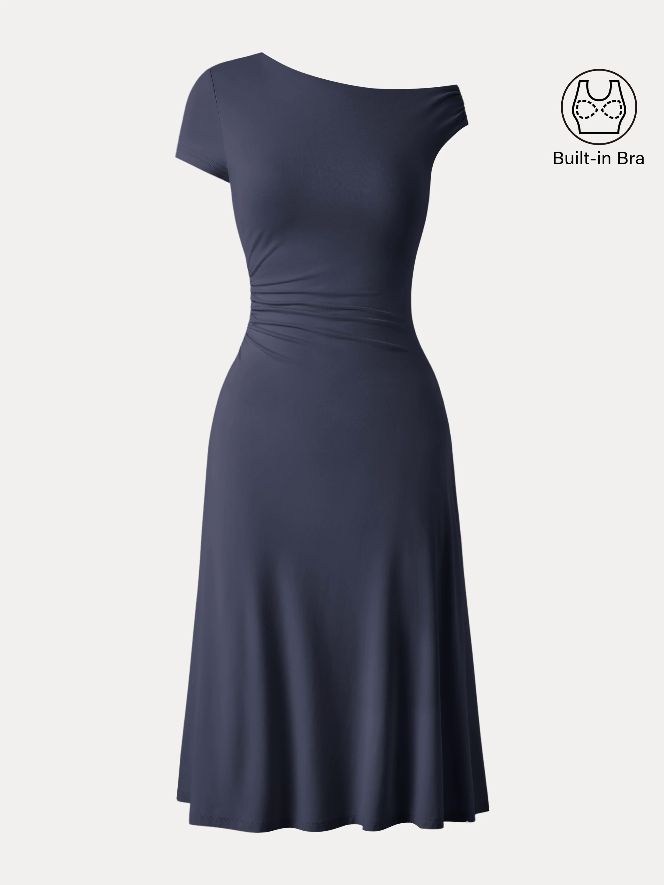 Asymmetrical Shoulder Side Ruched Midi Brami Dress