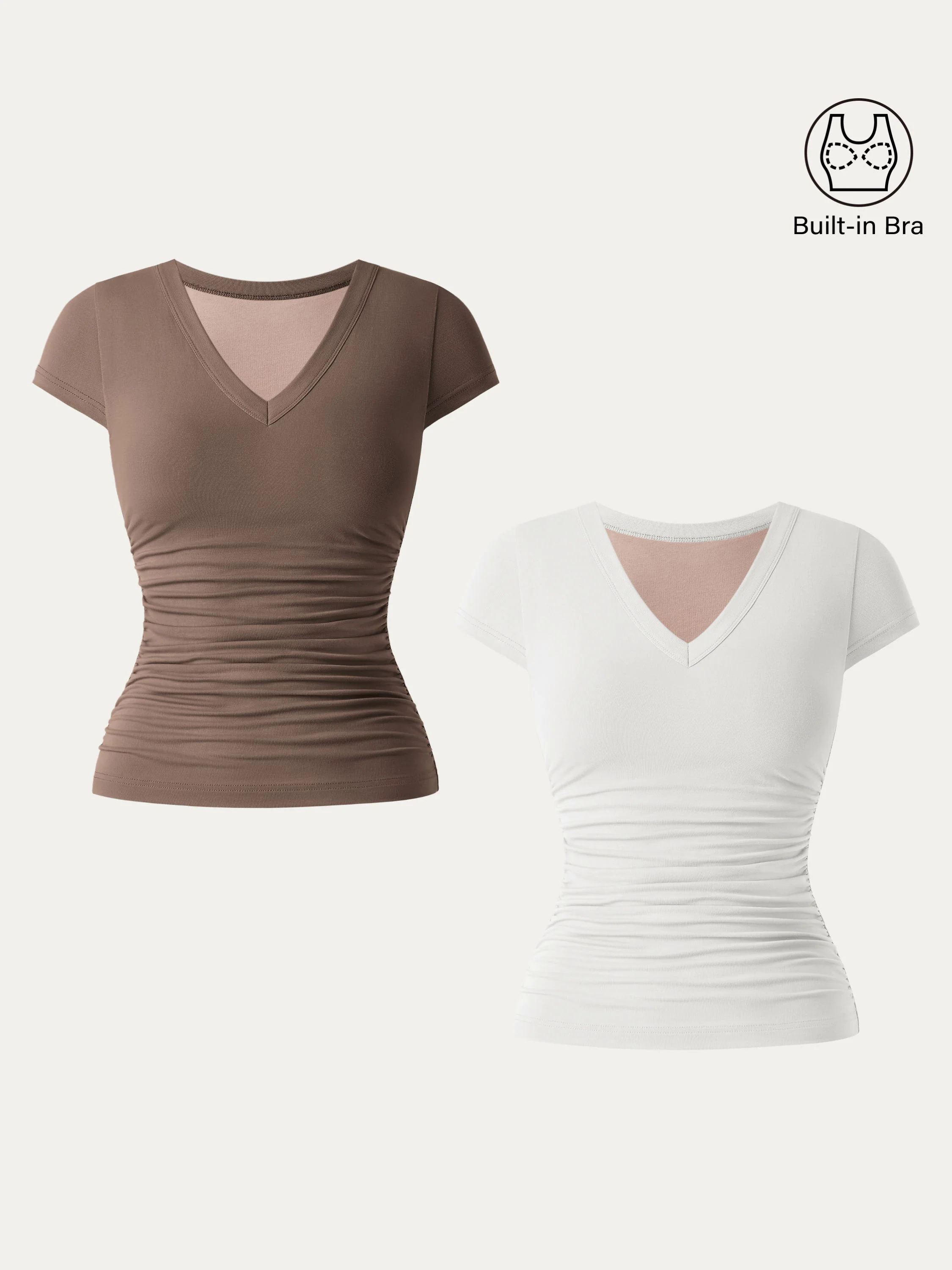 2Pcs Set Elevated V-neck Side Ruched Cap Sleeve Brami Tee 2Pcs Set Elevated V-neck Side Ruched Cap Sleeve Brami Tee