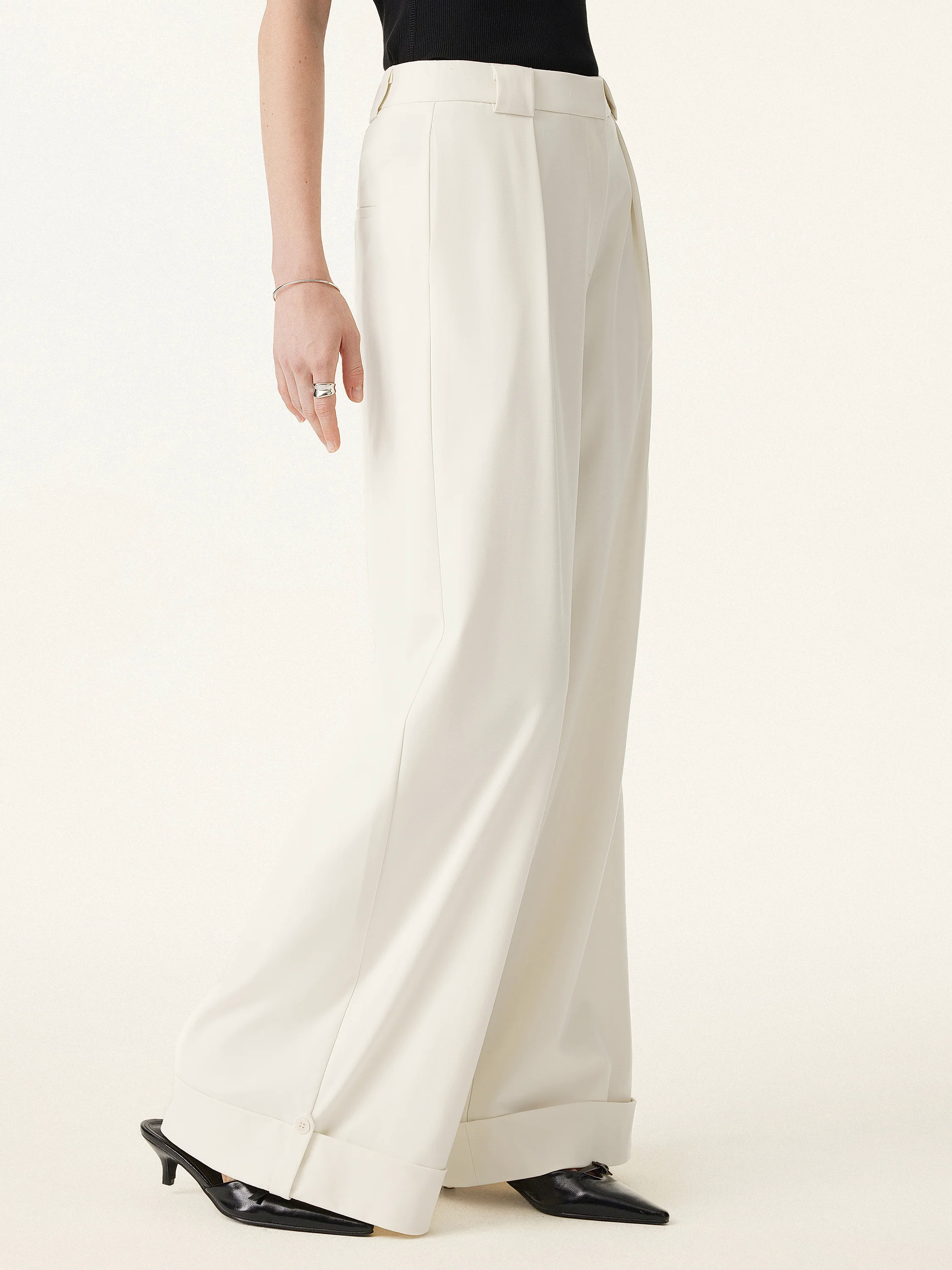 Bamboo Ponte Mid Rise Wide Leg Trouser with Fold-up Hem