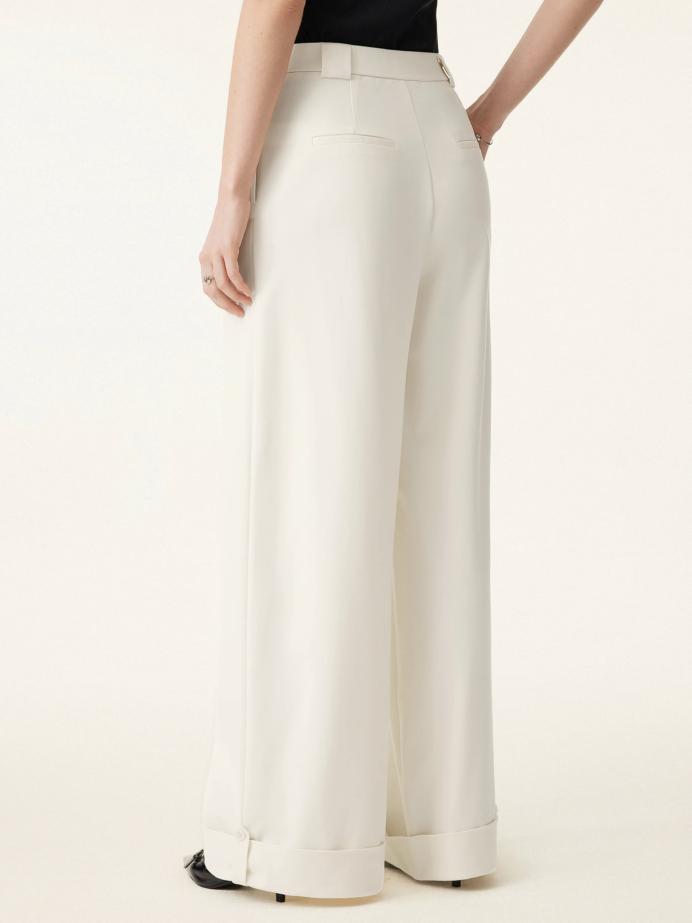 Bamboo Ponte Mid Rise Wide Leg Trouser with Fold-up Hem