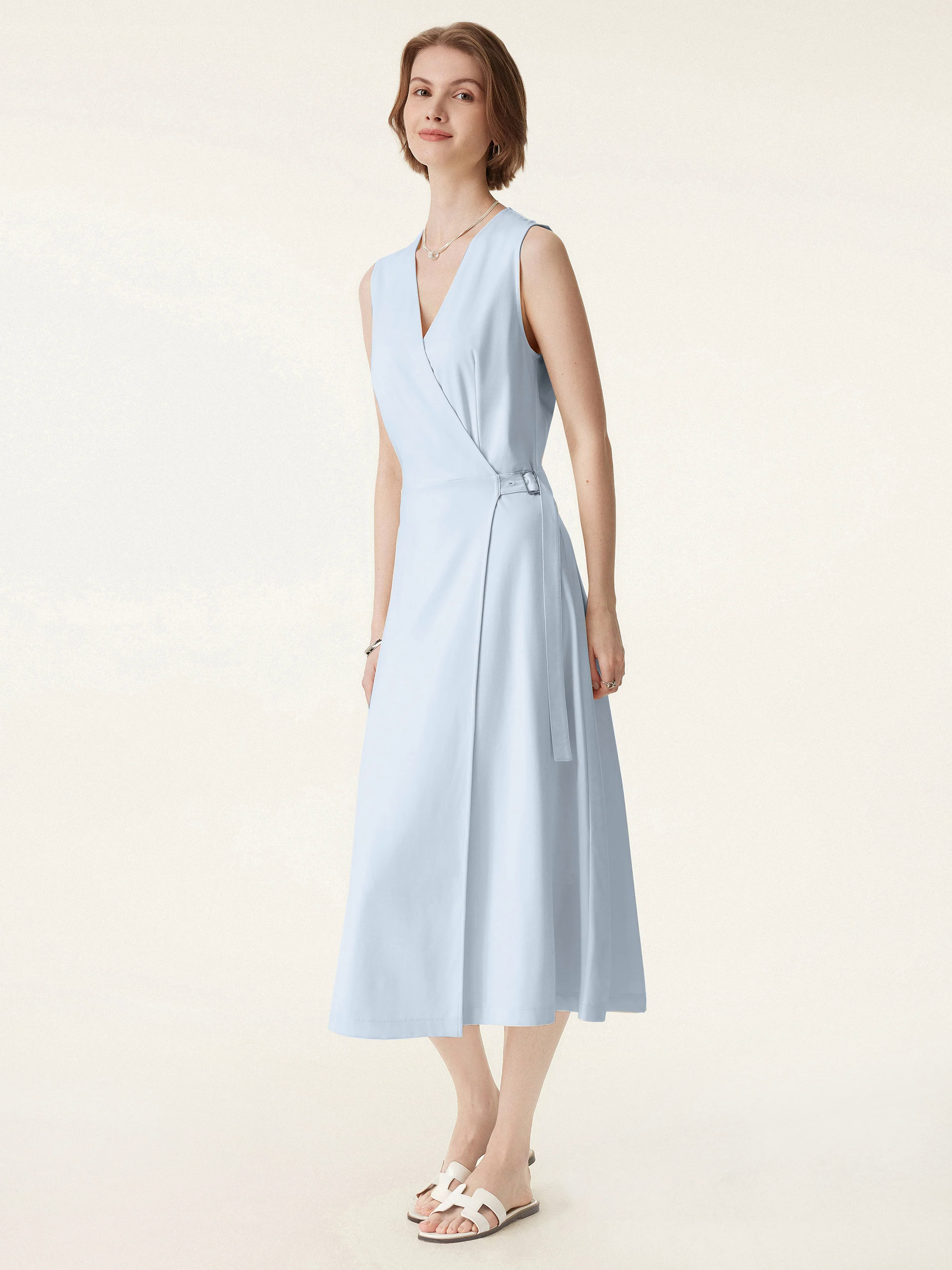 Surplice Adjustable Side-belt Midi Dress